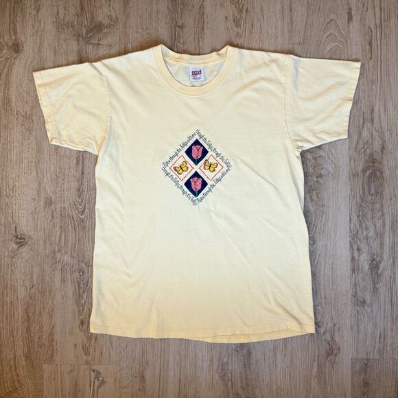 Anvil Graphic T-Shirt Butterfly Quilt Embroidery Yellow Large Vintage USA - Picture 1 of 5